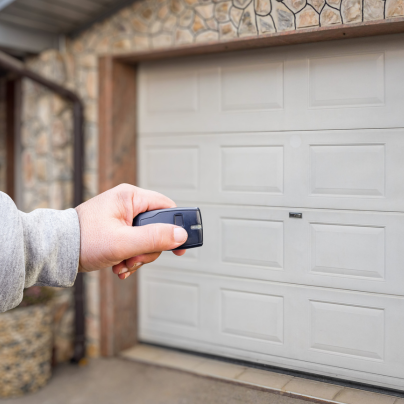 Columbia security key fob pointing to a garage door