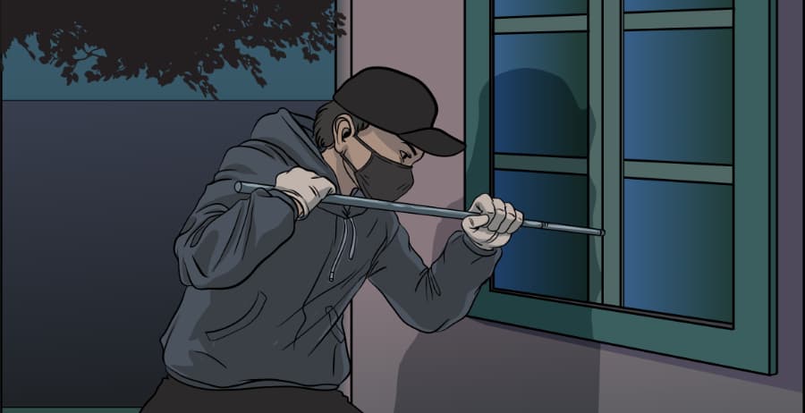 Illustration of burglar forcing entry through a window in Columbia